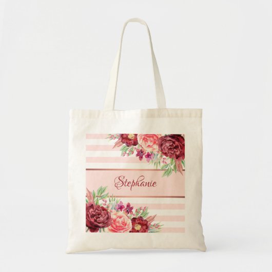 Blush Burgundy Aquarell Floral Monogram Streifen Tragetasche (Vorne)
