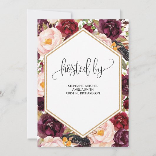 Blush Burgundy Bloral Bridal Dusche Einladung (Rückseite)