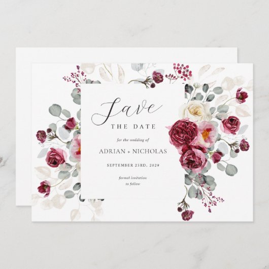 Blush & Burgundy Bloral Frame Wedding Save The Date (Vorne/Hinten)