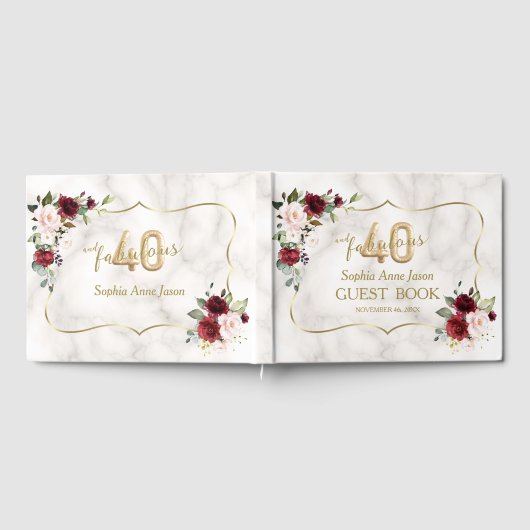 Blush Burgundy Bloral Gold 40 & Fabulous Geburtsta Gästebuch (Voll)