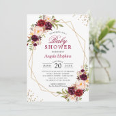 Blush Burgundy Bloral Gold Frame Baby Dusche Einladung (Stehend Vorderseite)