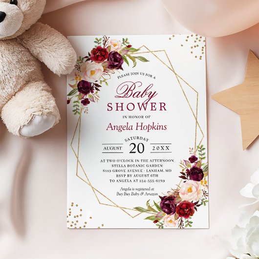 Blush Burgundy Bloral Gold Frame Baby Dusche Einladung