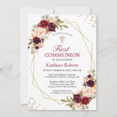 Blush Burgundy Bloral Gold Frame erste Kommune Einladung (Vorderseite)