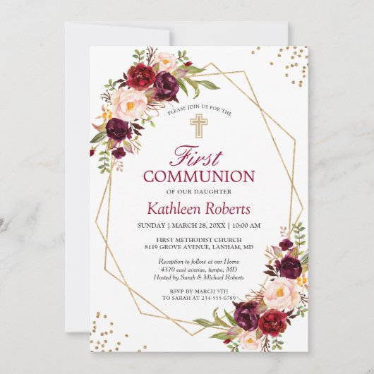 Blush Burgundy Bloral Gold Frame erste Kommune Einladung (Vorderseite)