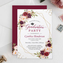 Blush Burgundy Bloral Gold Frame Graduation Party