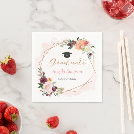 Blush Burgundy Bloral Gold Frame Graduation Party Serviette (Beispiel)