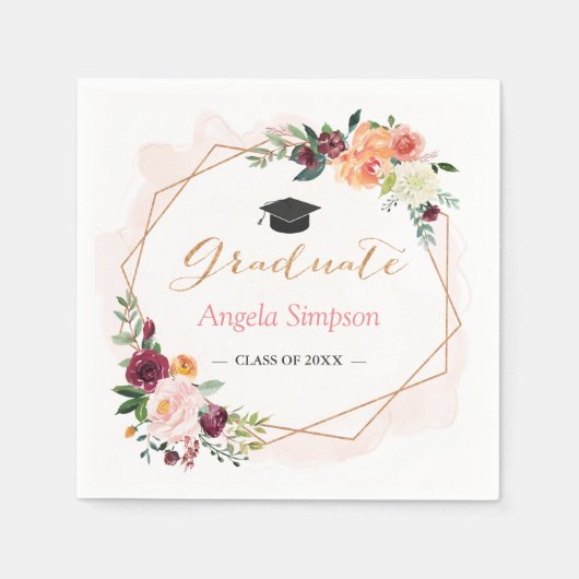 Blush Burgundy Bloral Gold Frame Graduation Party Serviette (Vorderseite)