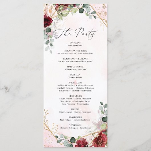 Blush burgundy Blues Gold geometrische boho Hochze Programm (Rückseite)