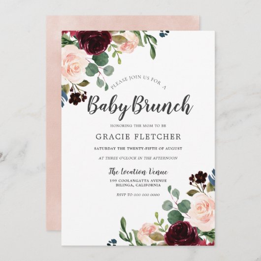 Blush & Burgundy Blume Babydusche Brunch Einladung (Vorne/Hinten)