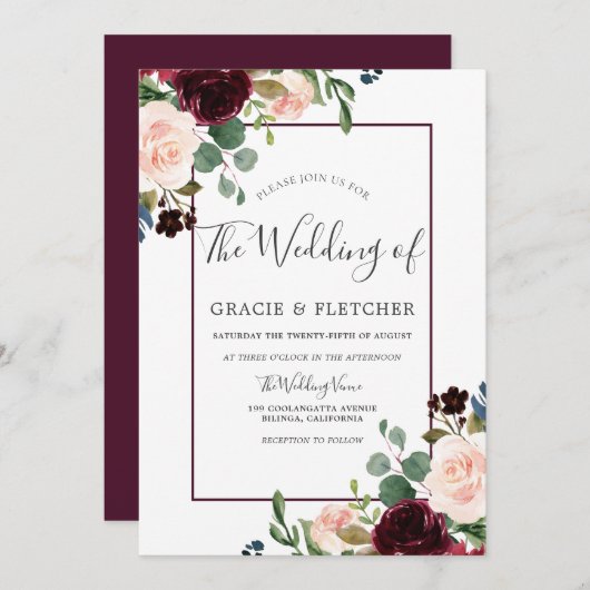 Blush & Burgundy Blume Border Frame Wedding Einladung (Vorne/Hinten)