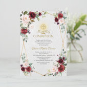 Blush Burgundy Blume Gold Erste Heilige Kommune Einladung (Stehend Vorderseite)