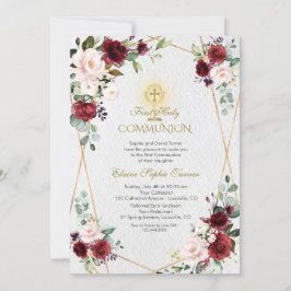 Blush Burgundy Blume Gold Erste Heilige Kommune Einladung