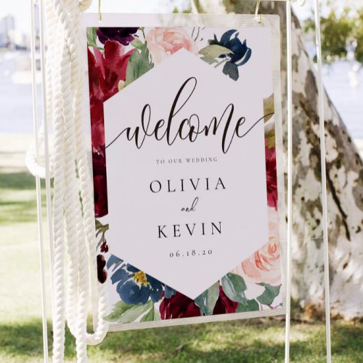 Blush & Burgundy Blumenrahmen Hochzeitszeichen Poster