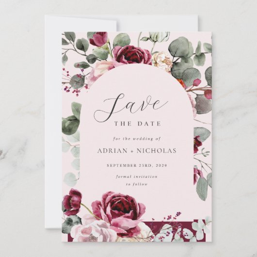 Blush & Burgundy Blumenrosa Hochzeit Save The Date (Vorderseite)