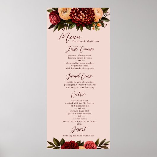 Blush & Burgundy Chrysanthemum Wedding Menu Poster (Vorne)