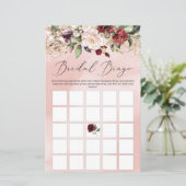 Blush Burgundy Floral Boho Bridal Bingo Spiel (Stehend Vorderseite)