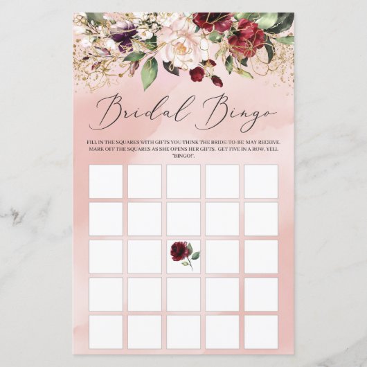 Blush Burgundy Floral Boho Bridal Bingo Spiel (Vorderseite)