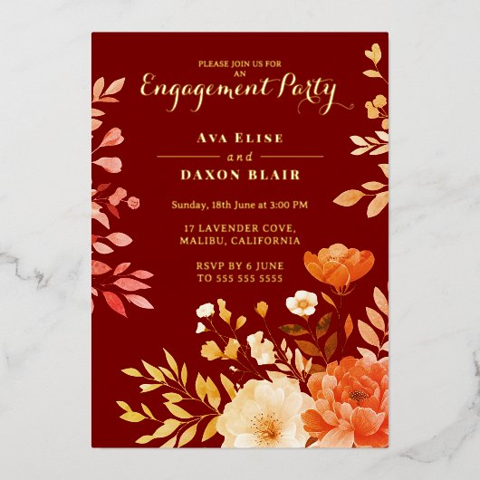 Blush Burgundy Floral Engagement Party Folieneinladung (Vorderseite)