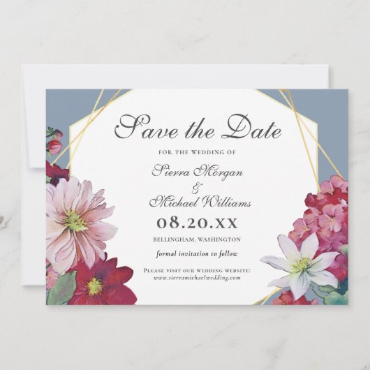 Blush Burgundy Floral Gold Dusty Blue Wedding Save The Date (Vorderseite)