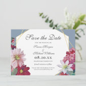 Blush Burgundy Floral Gold Dusty Blue Wedding Save The Date (Stehend Vorderseite)