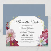 Blush Burgundy Floral Gold Dusty Blue Wedding Save The Date (Vorne/Hinten)