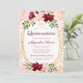 Blush Burgundy Floral Gold Geometric Quinceanera Einladung (Stehend Vorderseite)