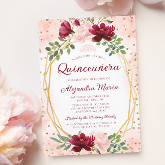 Blush Burgundy Floral Gold Geometric Quinceanera Einladung