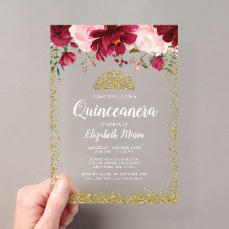 Blush Burgundy Floral Gold Tiara Quinceanera Acryleinladungen