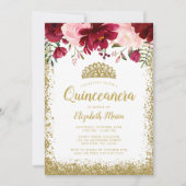 Blush Burgundy Floral Gold Tiara Quinceanera Einladung (Vorderseite)