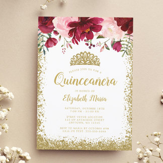 Blush Burgundy Floral Gold Tiara Quinceanera Einladung