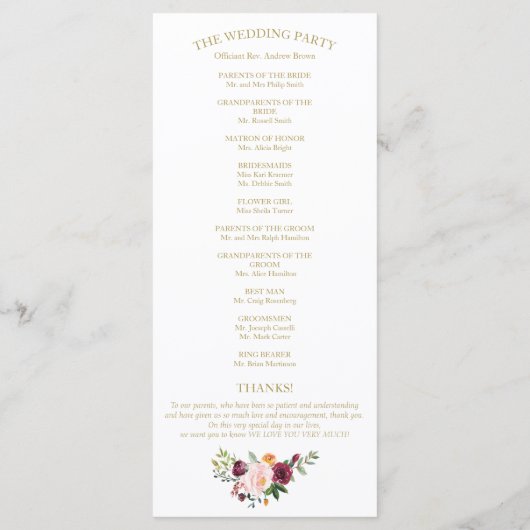 Blush Burgundy Floral Gold Wedding Program Programm (Rückseite)