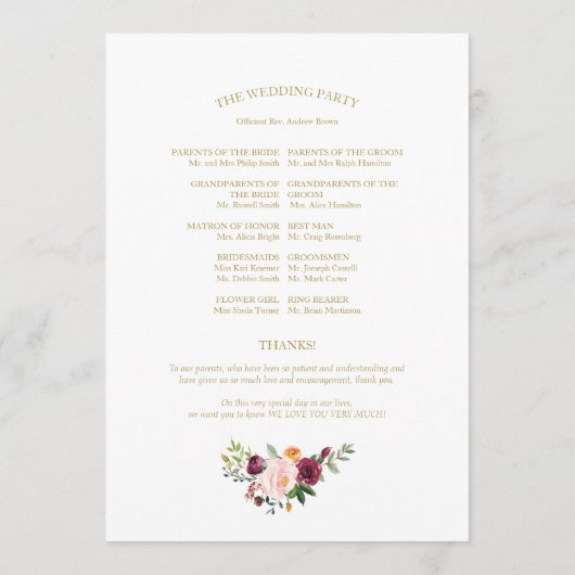 Blush Burgundy Floral Gold Wedding Program Programm (Rückseite)