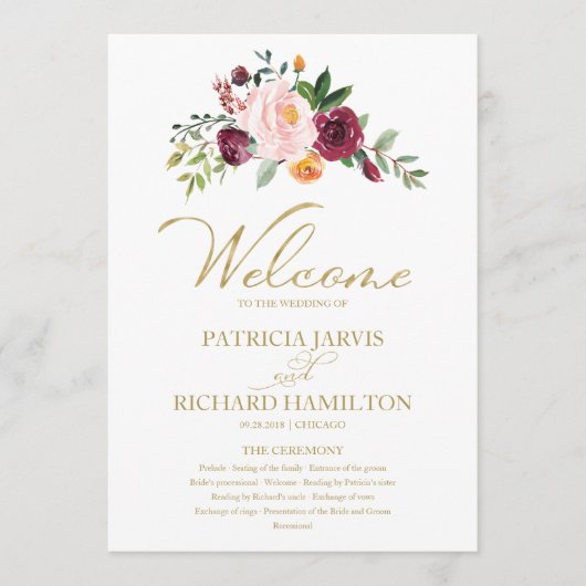Blush Burgundy Floral Gold Wedding Program Programm (Vorderseite)