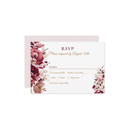 Blush Burgundy Floral Modern Wedding RSVP (Vorderseite/Rückseite Beispiel)