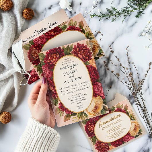 Blush Burgundy Floral Water Wedding Einladung