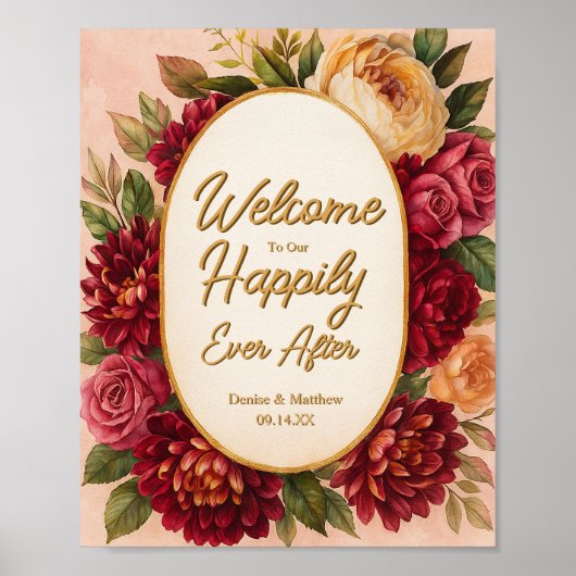 Blush Burgundy Floral Water Wedding Poster (Vorne)