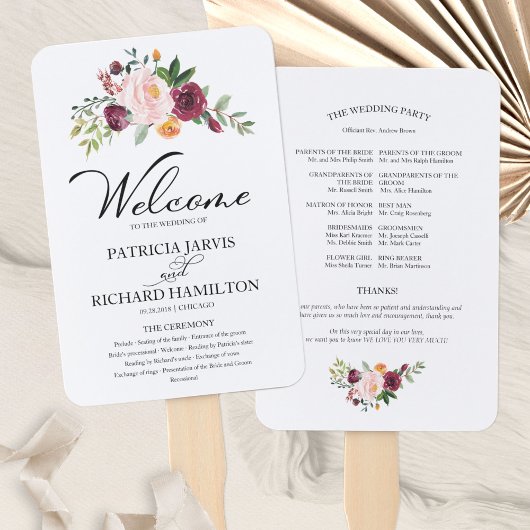 Blush Burgundy Floral Watercolor Hochzeitsprogramm Fächer