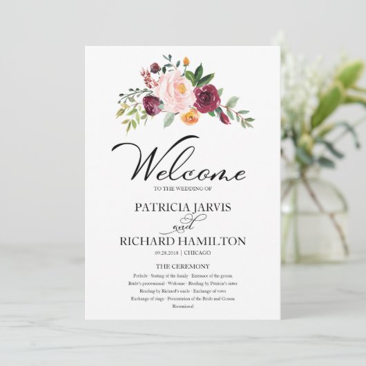 Blush Burgundy Floral Watercolor Hochzeitsprogramm Programm (Stehend Vorderseite)
