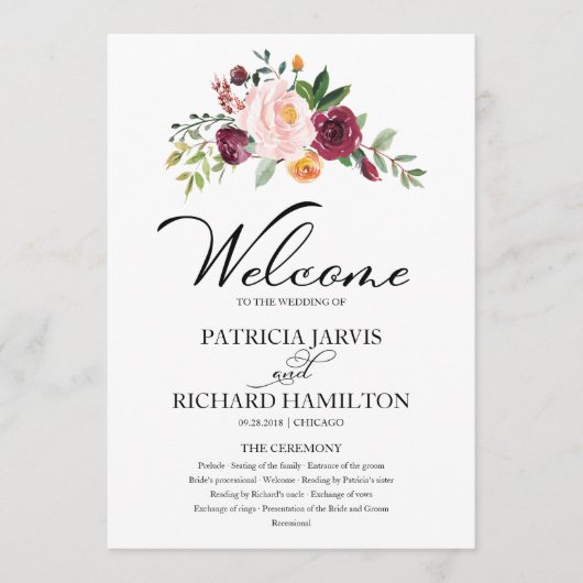 Blush Burgundy Floral Watercolor Hochzeitsprogramm Programm (Vorderseite)