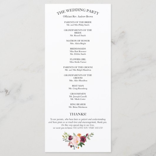 Blush Burgundy Floral Watercolor Hochzeitsprogramm Programm (Rückseite)