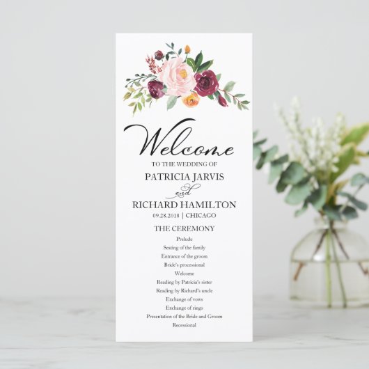 Blush Burgundy Floral Watercolor Hochzeitsprogramm Programm (Stehend Vorderseite)