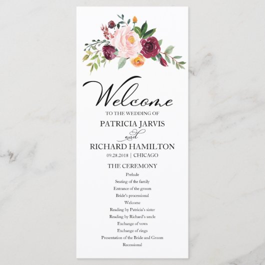 Blush Burgundy Floral Watercolor Hochzeitsprogramm Programm (Vorderseite)