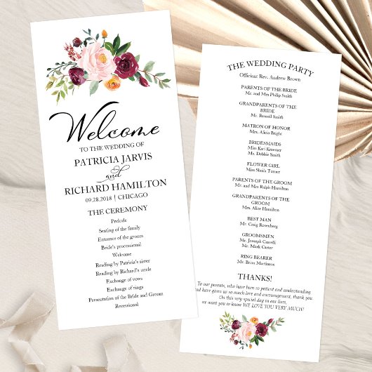 Blush Burgundy Floral Watercolor Hochzeitsprogramm Programm