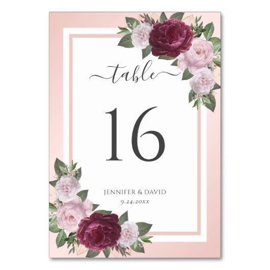 Blush Burgundy Floral Wedding Tischnummer (Vorderseite)