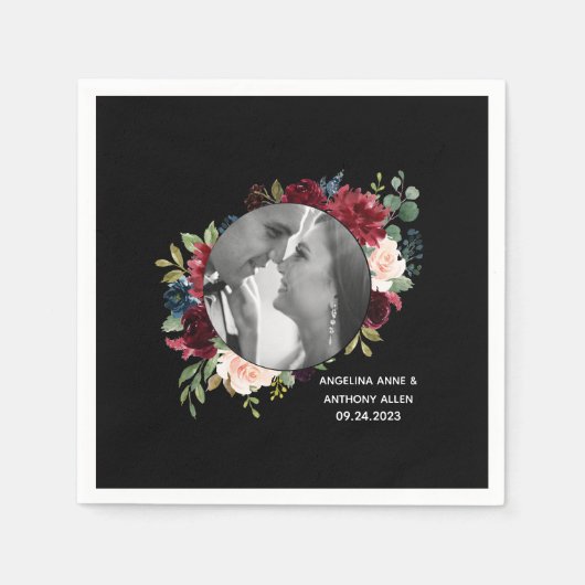 Blush Burgundy Foto Floral Moderne Hochzeit Serviette (Vorderseite)