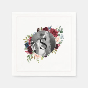 Blush Burgundy Foto Monogram Floral Wedding Napki Serviette