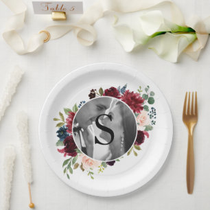 Blush Burgundy Foto Monogram Floral Wedding Paper Pappteller