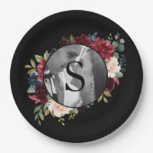 Blush Burgundy Foto Monogram Floral Wedding Pappteller (Vorderseite)