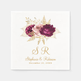 Blush Burgundy Gold Floral Monogram Wedding Paper Serviette
