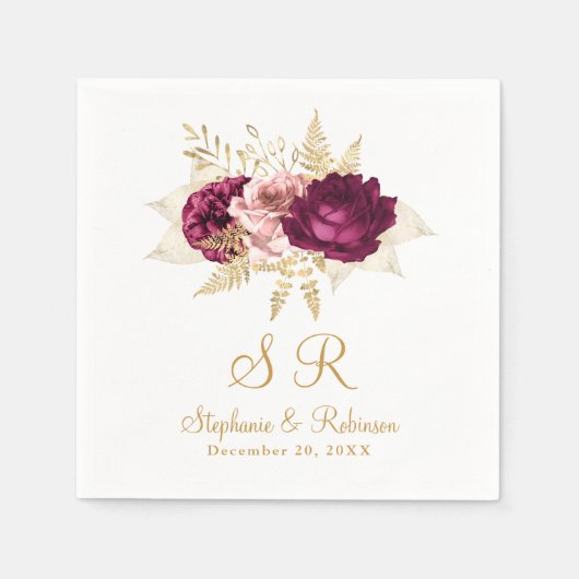 Blush Burgundy Gold Floral Monogram Wedding Paper Serviette (Vorderseite)